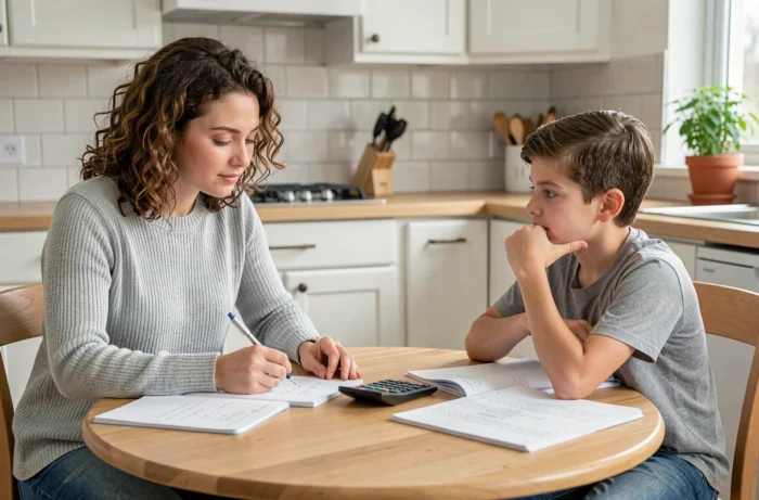 Une jeune tutrice prend des notes pour expliquer un exercice de mathématiques à un jeune élève attablé dans une cuisine familiale avec des cahiers et une calculatrice