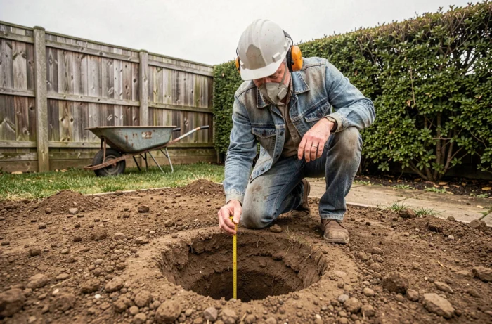 Homme vérifiant la profondeur d'un trou foré avec une tarière thermique dans un jardin en toute sécurité
