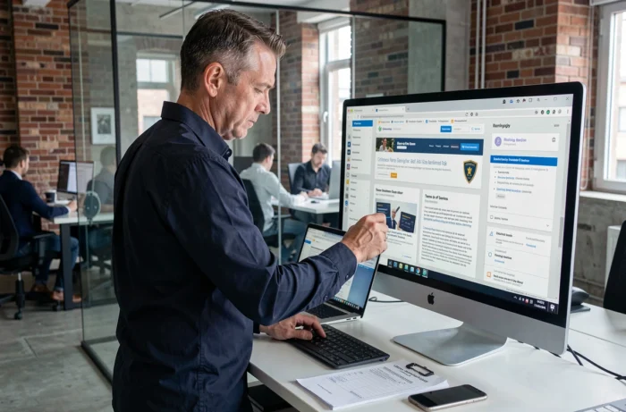 Homme professionnel évaluant plusieurs sites web sur un grand écran dans un bureau en open space, entouré de listes de contrôle pour identifier les signaux d'alerte en ligne