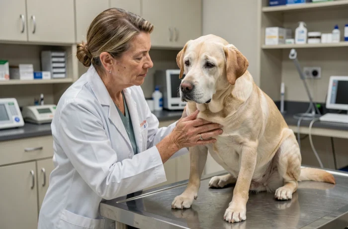 Vétérinaire examinant un chien labrador senior en consultation, symbolisant les soins de santé pour chiens âgés