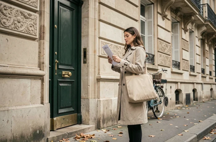 Jeune femme consultant une liste de contrôle devant un immeuble haussmannien lors d'une visite de location immobilière