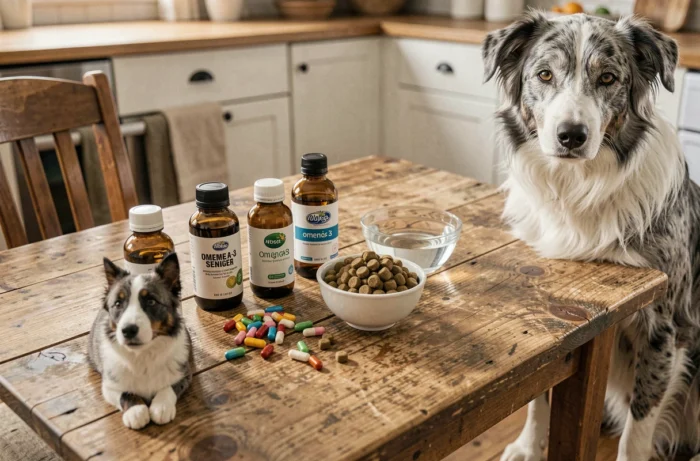 Compléments vitaminés et suppléments pour chien senior posés sur une table en bois avec un Border Collie âgé en arrière-plan